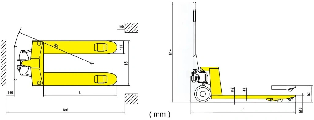 Rankinio palečių vežimėlio RPV2500CT/RPV3000CT matmenų schema