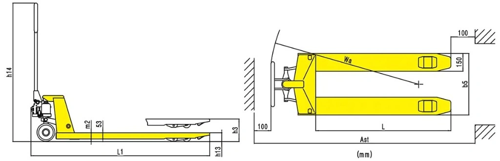 Rankinio palečių vežimėlio RPV2000E matmenų schema
