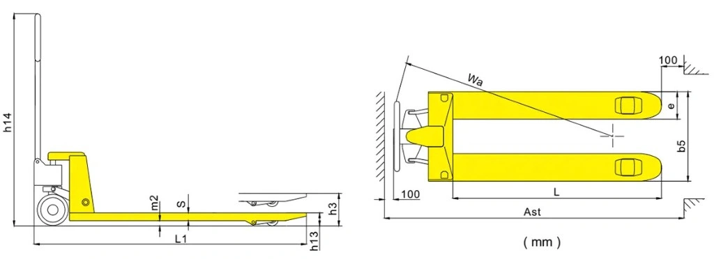 Rankinio palečių vežimėlio RPV2500STD/RPV3000STD matmenų schema