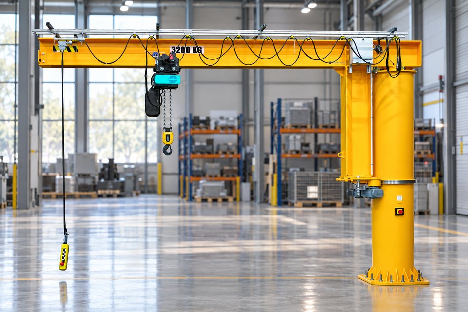 Comege RSD pilno apsisukimo koloninis konsolinis kranas su elektriniu grandininiu keltuvu pramoninėje salėje